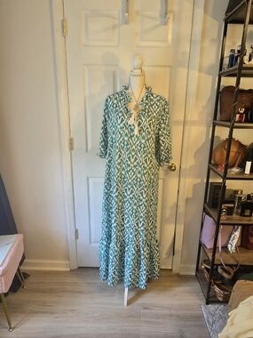 Sylvie Bohemian Teal Ikat Maxi Dress Tassel Tie XXL Feminine Moomoo Plus Size
